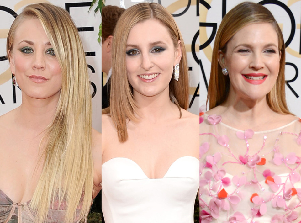 GLOBAL SLEEK Goodbye, messy waves! Super sleek strands were a big trend of the night. Drew Barrymore wore her hair pin-straight, along with Kaley Cuoco and Downton Abbey star Laura Carmichael.
